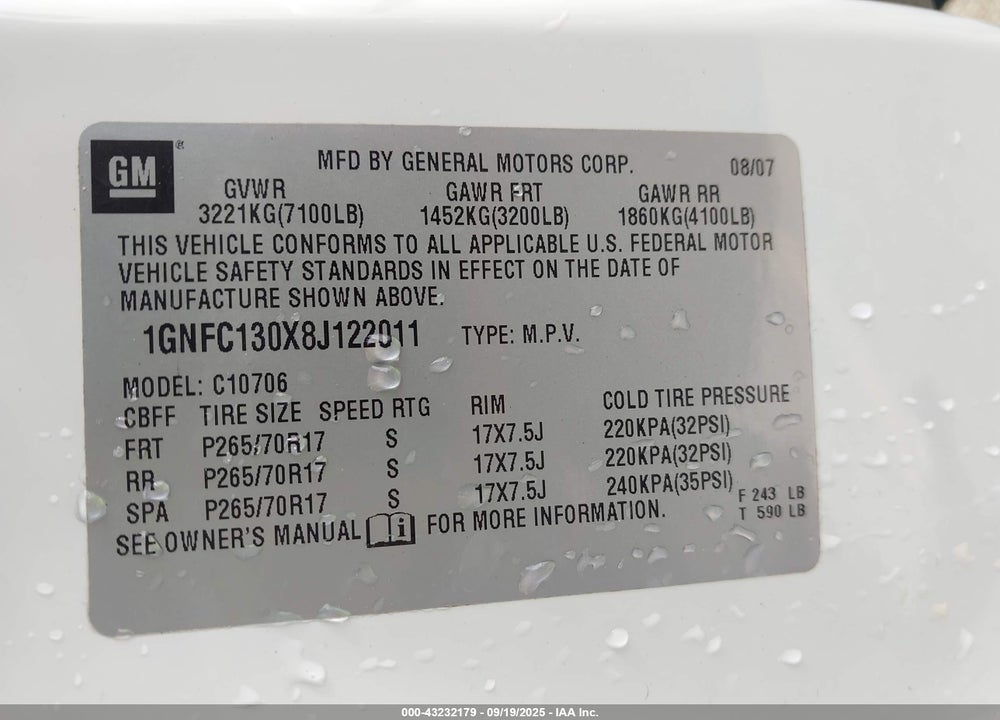 2008 CHEVROLET TAHOE LT VIN: 1GNFC130X8J122011