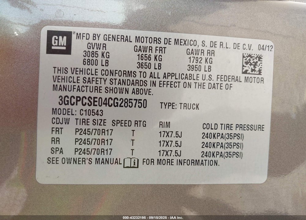 2012 CHEVROLET SILVERADO 1500 VIN: 3GCPCSE04CG285750