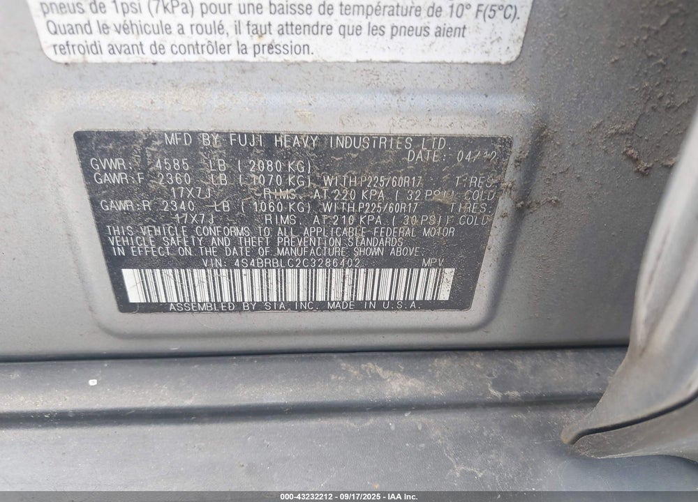 2012 SUBARU OUTBACK VIN: 4S4BRBLC2C3286402