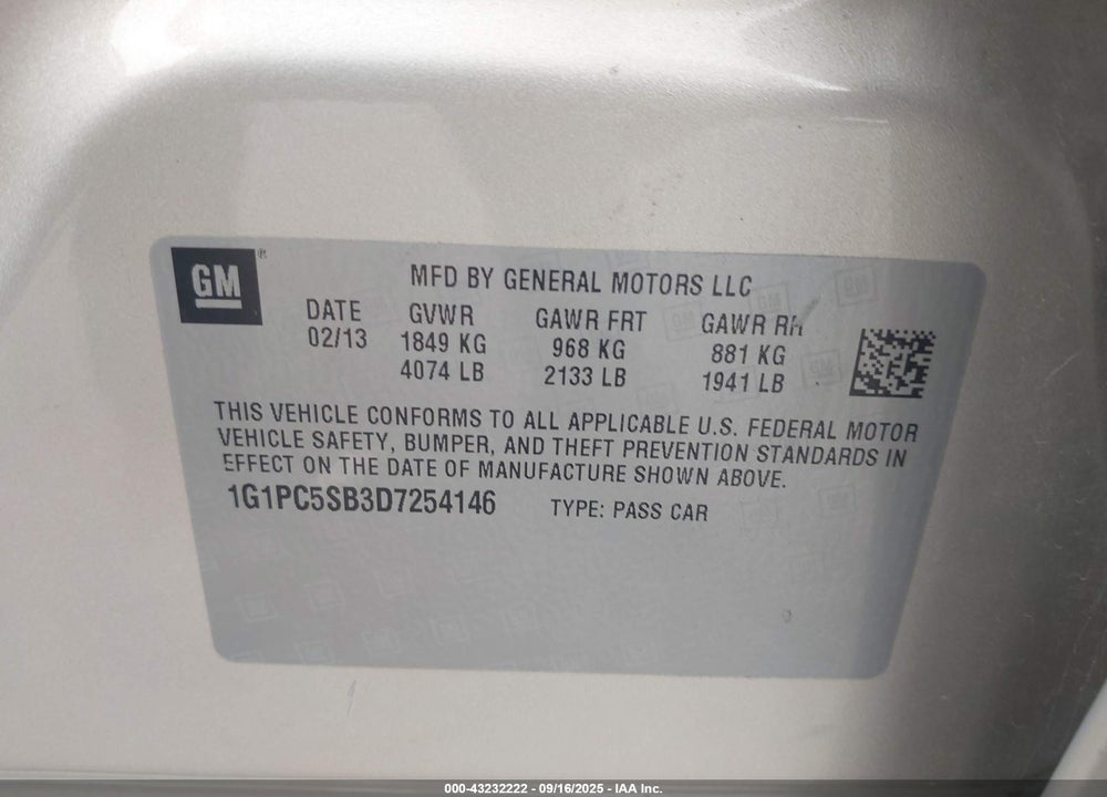 2013 CHEVROLET CRUZE 1LT AUTO VIN: 1G1PC5SB3D7254146