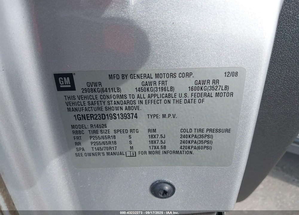 2009 CHEVROLET TRAVERSE VIN: 1GNER23D19S139374