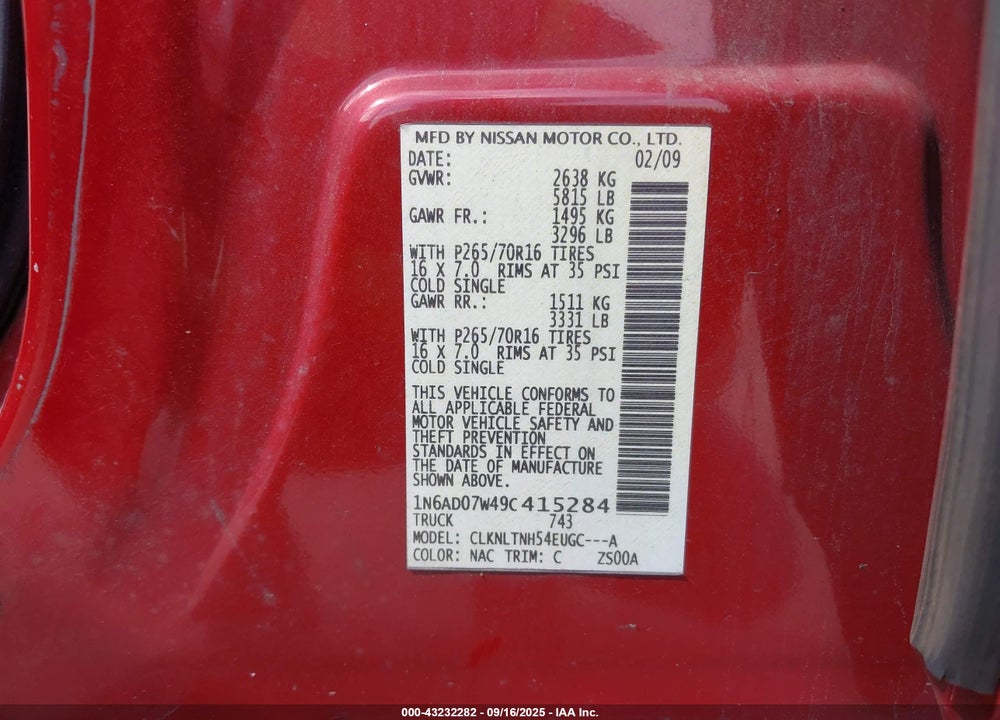 2009 NISSAN FRONTIER VIN: 1N6AD07W49C415284