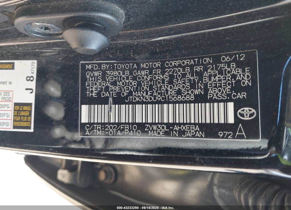 2012 TOYOTA PRIUS VIN: JTDKN3DU9C1568688
