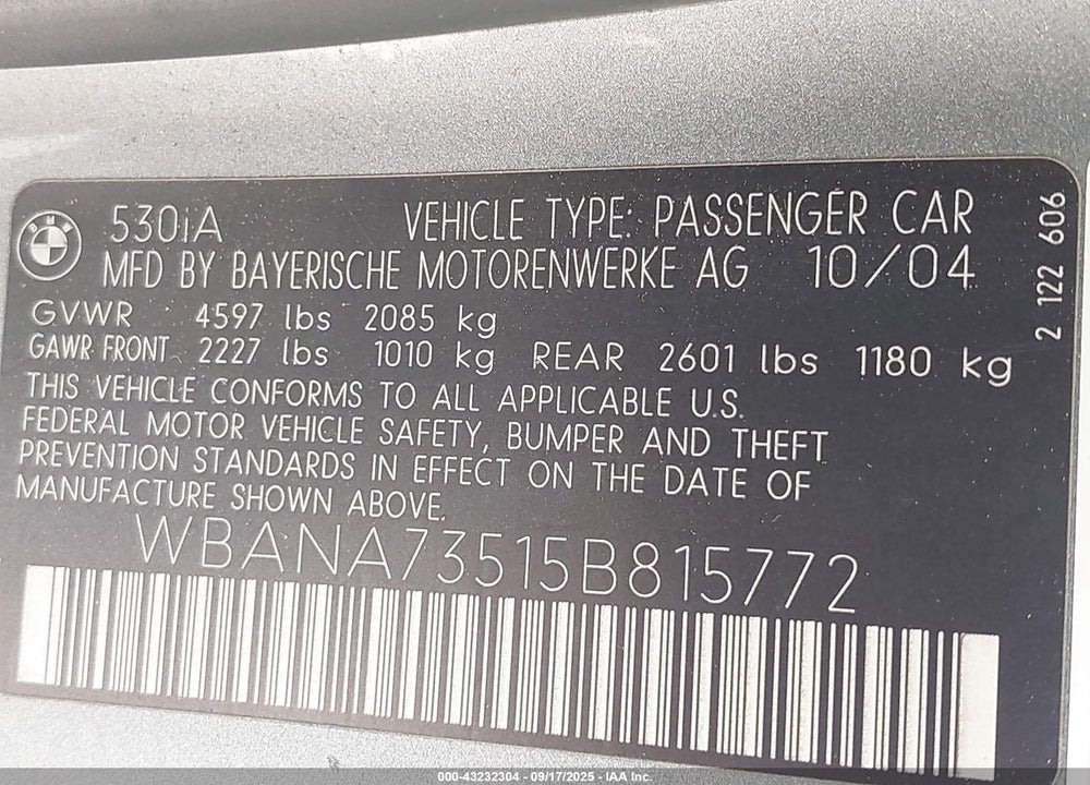 2005 BMW 530I VIN: WBANA73515B815772