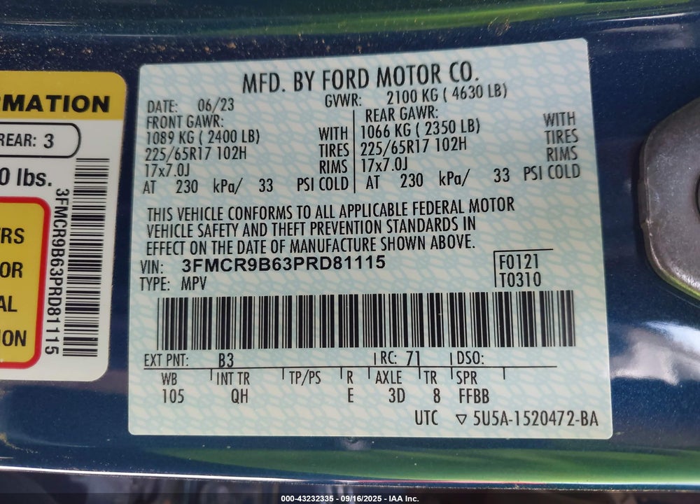 2023 FORD BRONCO SPORT VIN: 3FMCR9B63PRD81115