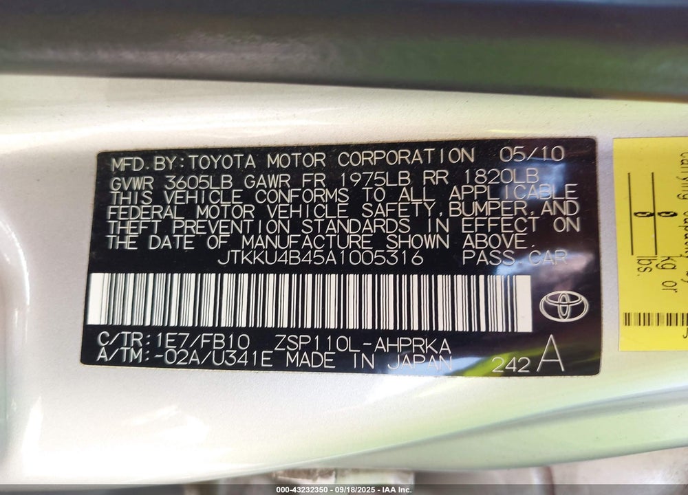 2010 SCION XD VIN: JTKKU4B45A1005316