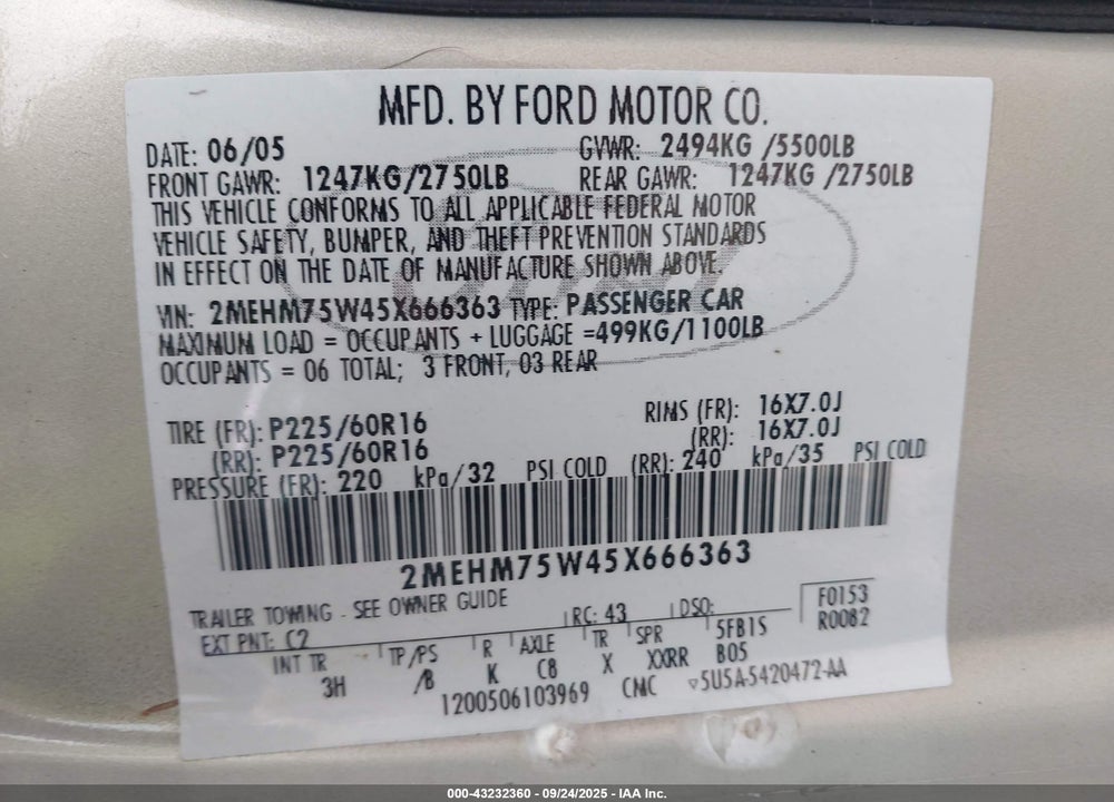 2005 MERCURY GRAND MARQUIS LS/LSE VIN: 2MEHM75W45X666363