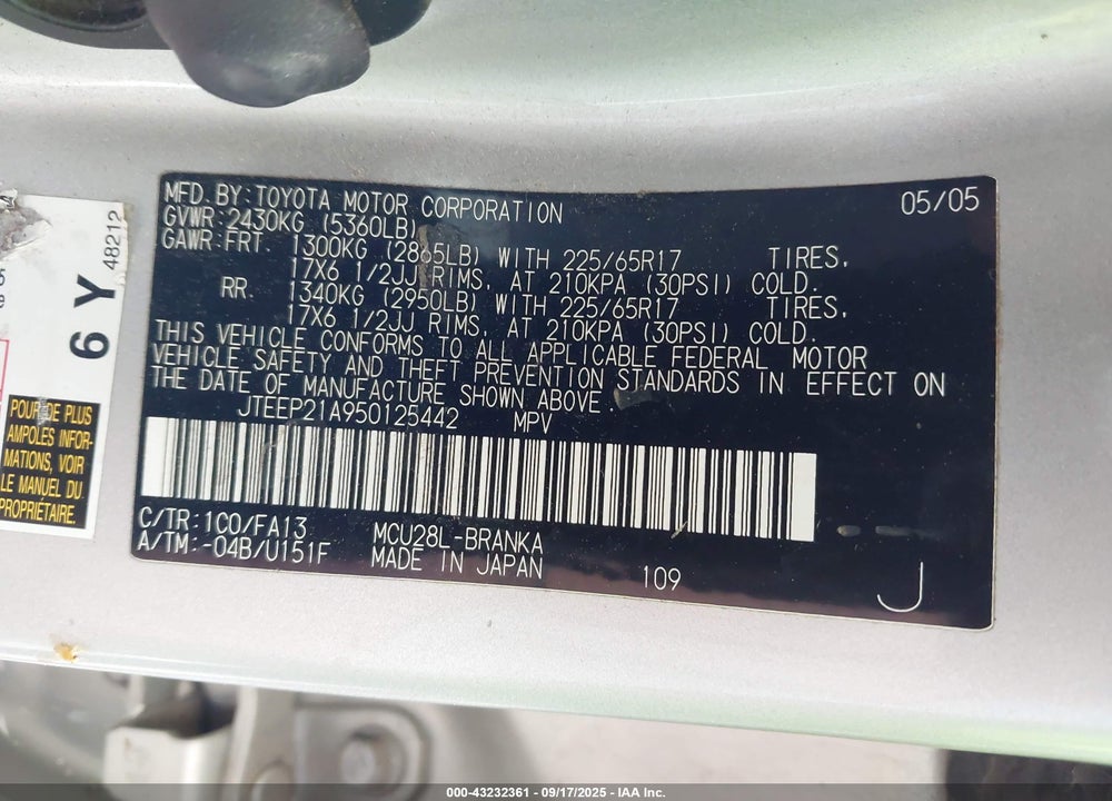 2005 TOYOTA HIGHLANDER LIMITED V6 VIN: JTEEP21A950125442