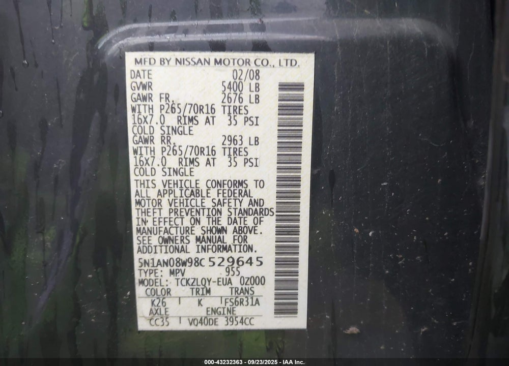 2008 NISSAN XTERRA X VIN: 5N1AN08W98C529645