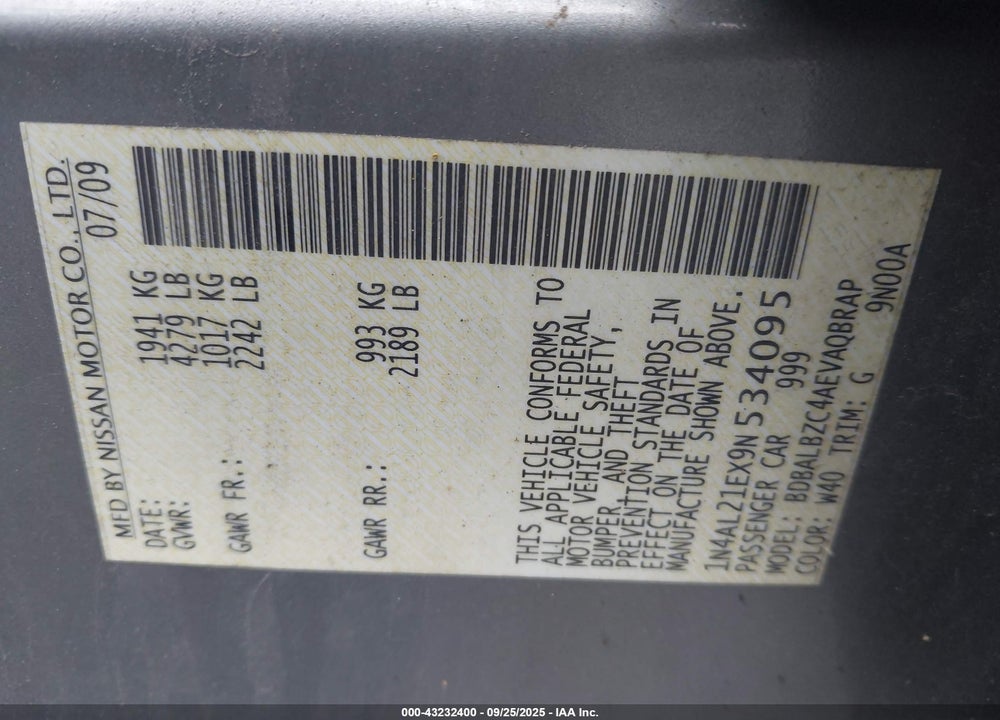 2009 NISSAN ALTIMA VIN: 1N4AL21EX9N534095