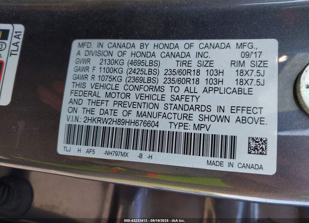 2017 HONDA CR-V VIN: 2HKRW2H89HH676604