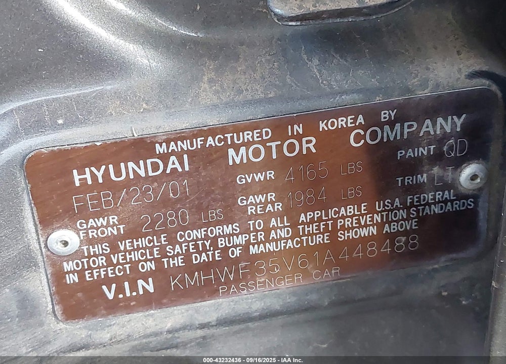 2001 HYUNDAI SONATA GLS/GLS W/LEATHER VIN: KMHWF35V61A448488