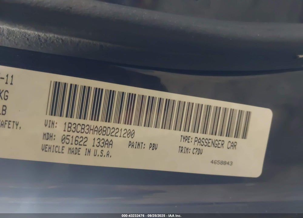 2011 DODGE CALIBER VIN: 1B3CB3HA0BD221200