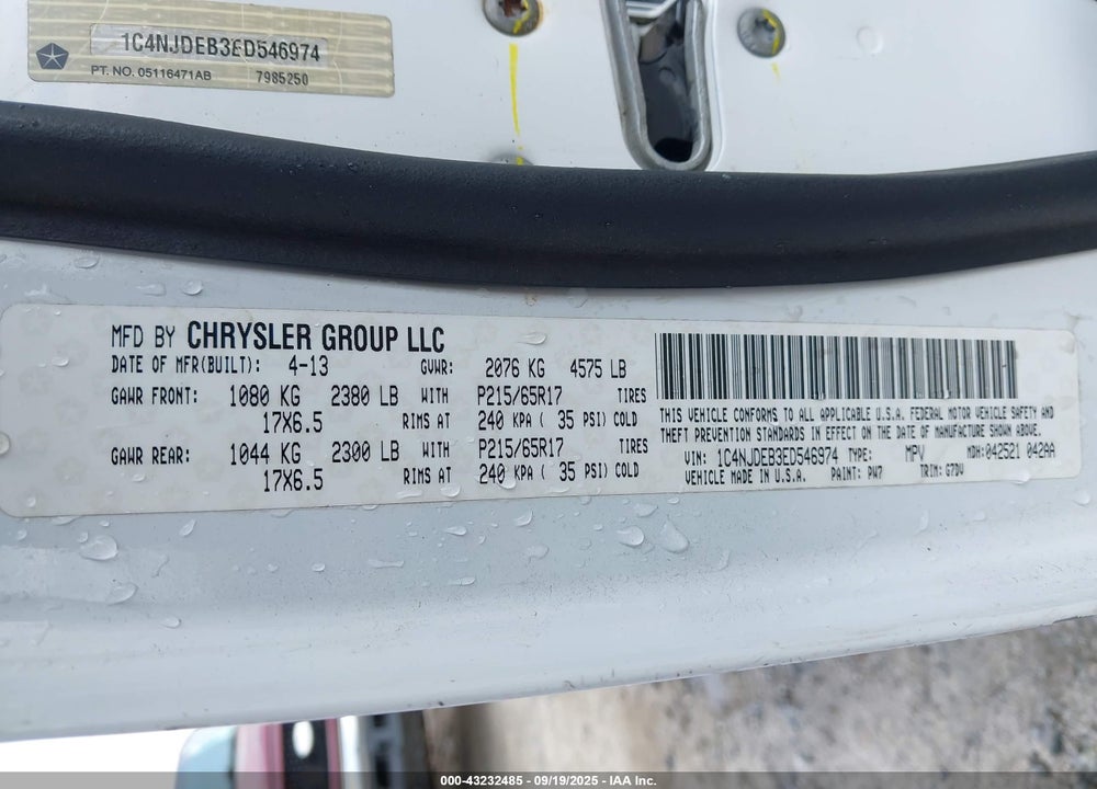 2014 JEEP COMPASS VIN: 1C4NJDEB3ED546974