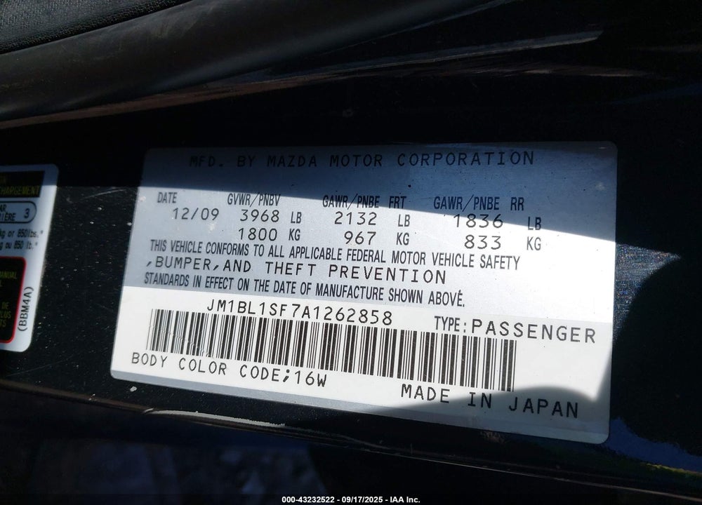 2010 MAZDA 3 VIN: JM1BL1SF7A1262858