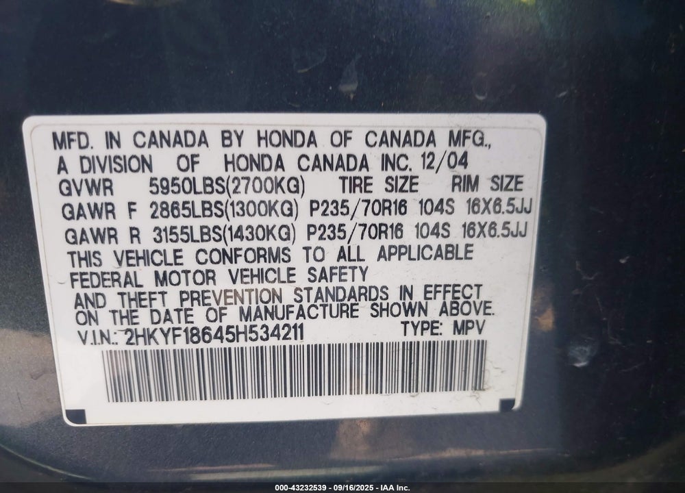 2005 HONDA PILOT EX-L VIN: 2HKYF18645H534211