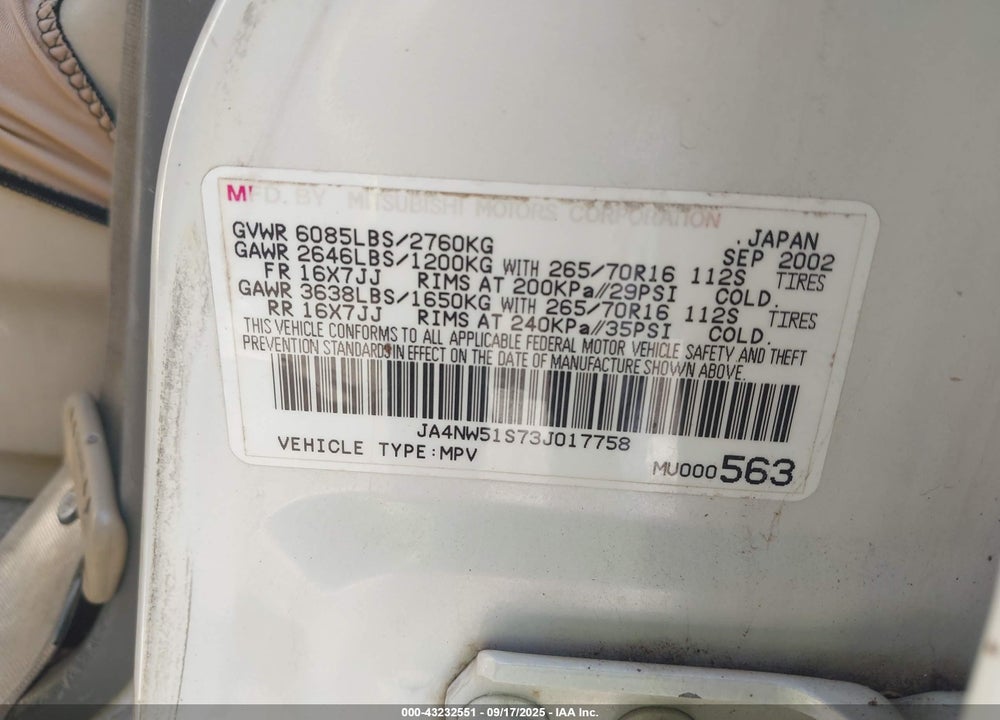 2003 MITSUBISHI MONTERO 20TH ANNIVERSARY/LIMITED VIN: JA4NW51S73J017758