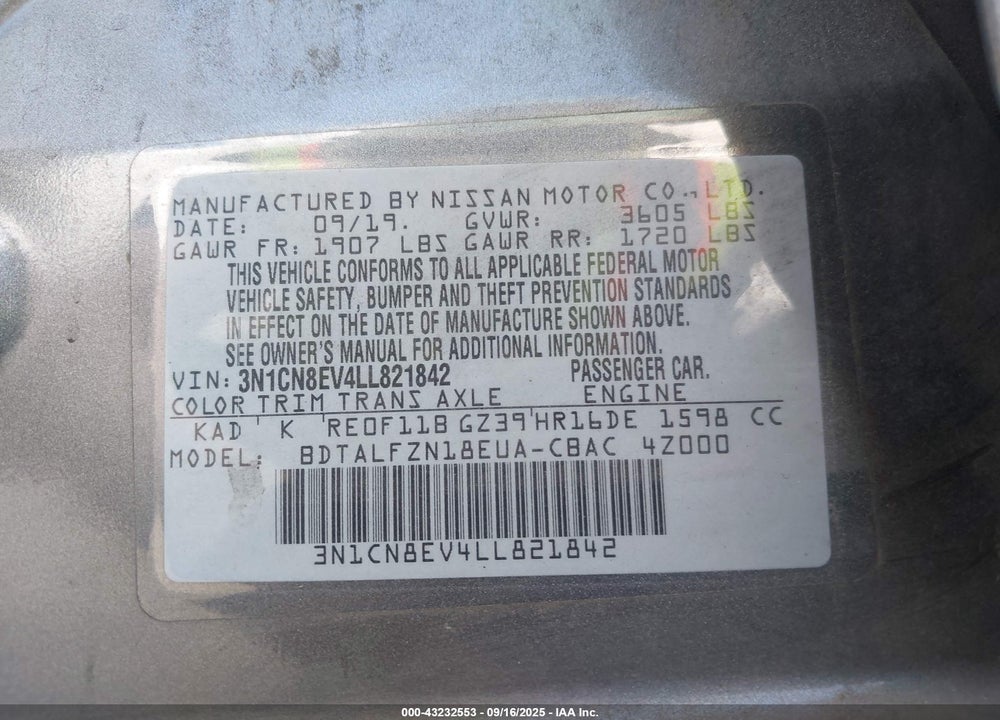 2020 NISSAN VERSA VIN: 3N1CN8EV4LL821842