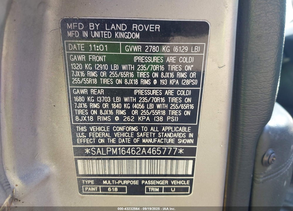 2002 LAND ROVER RANGE ROVER 4.6 HSE VIN: SALPM16462A465777