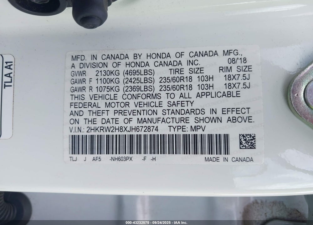 2018 HONDA CR-V VIN: 2HKRW2H8XJH672874