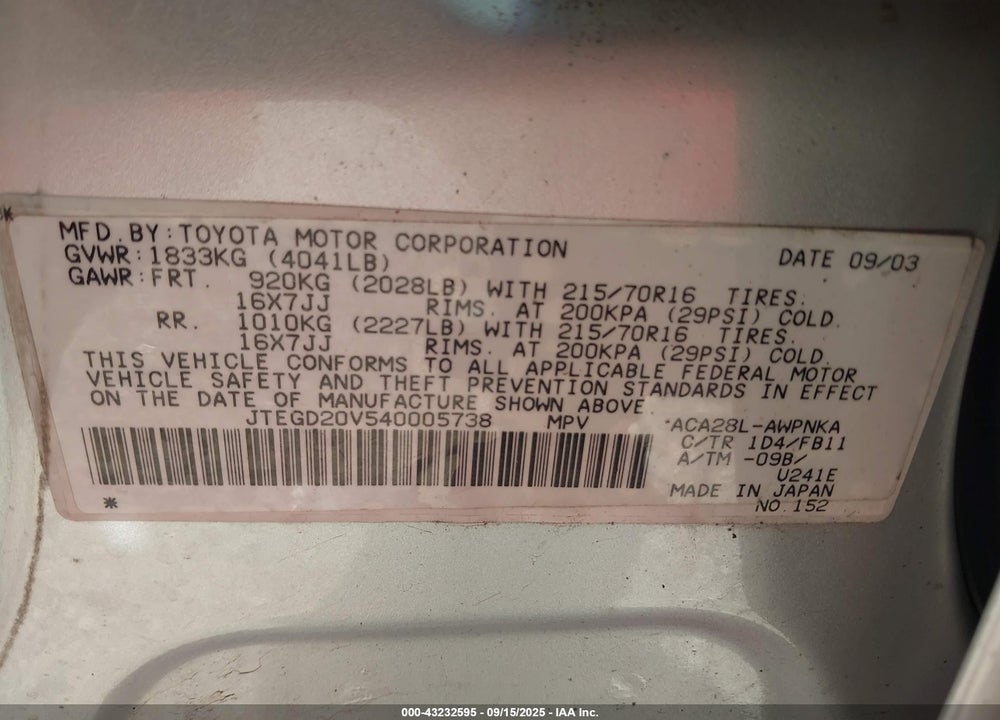 2004 TOYOTA RAV4 VIN: JTEGD20V540005738