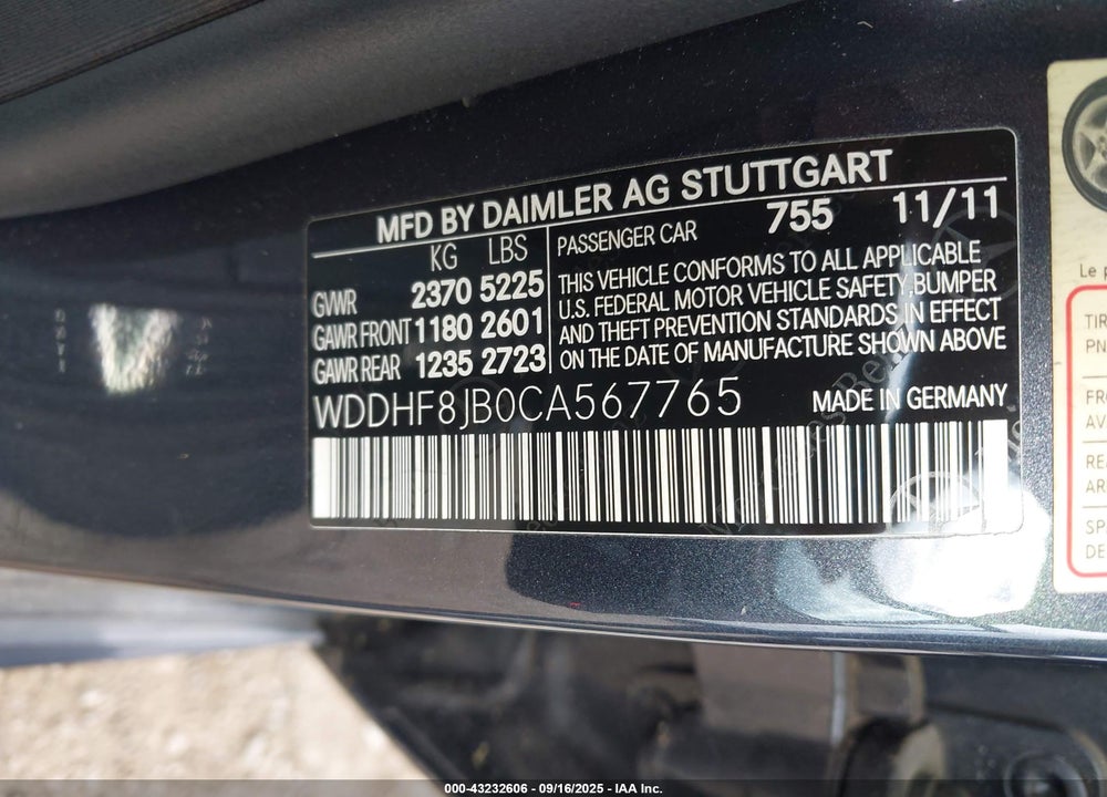 2012 MERCEDES-BENZ E-CLASS VIN: WDDHF8JB0CA567765