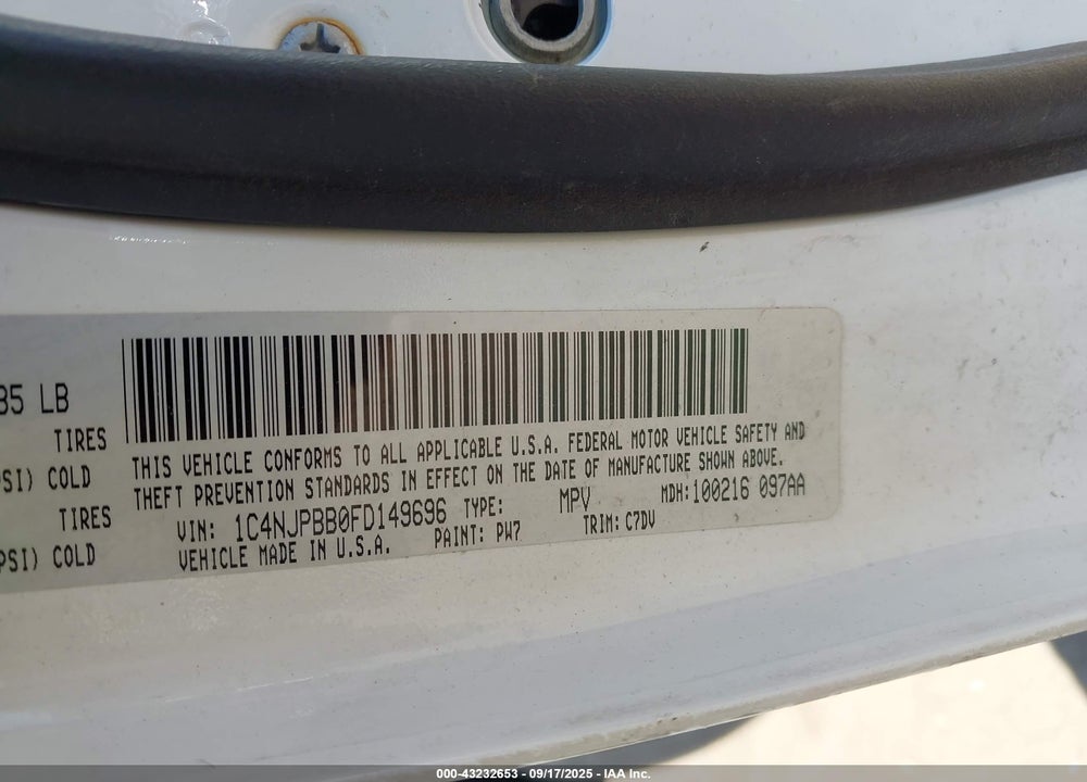 2015 JEEP PATRIOT VIN: 1C4NJPBB0FD149696