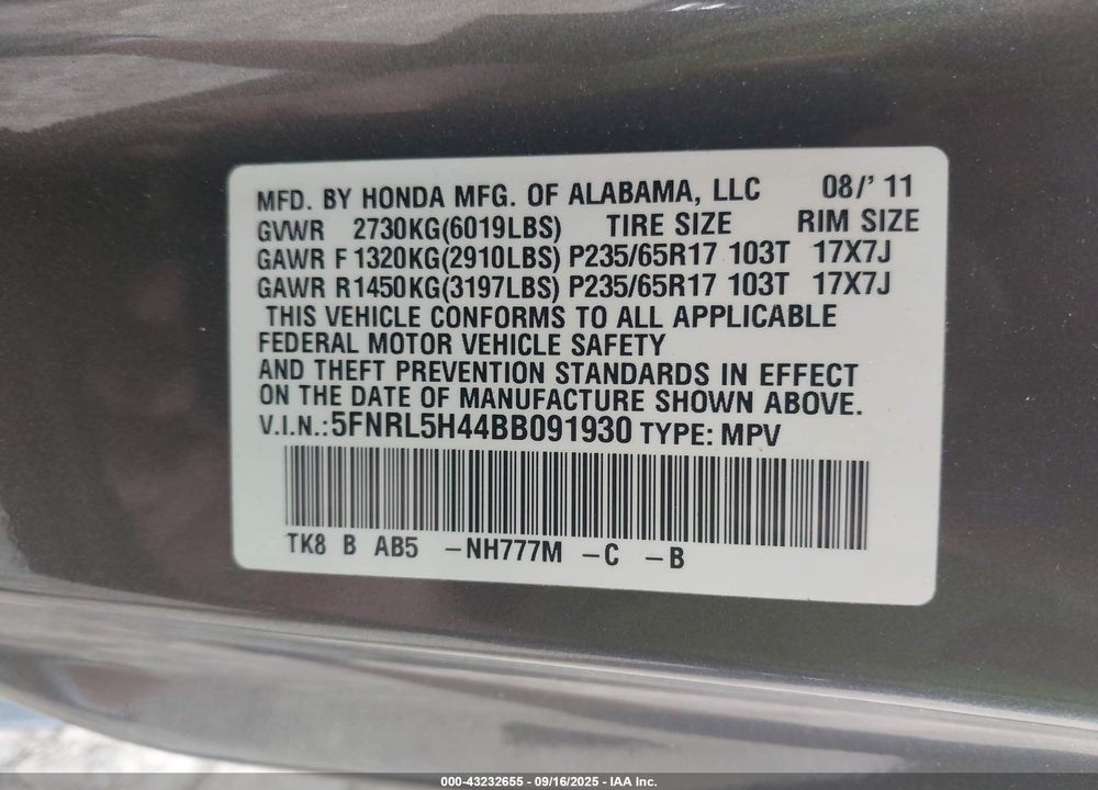 2011 HONDA ODYSSEY VIN: 5FNRL5H44BB091930