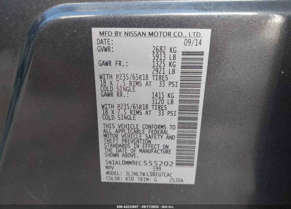 2014 INFINITI QX60 VIN: 5N1AL0MM9EC555202