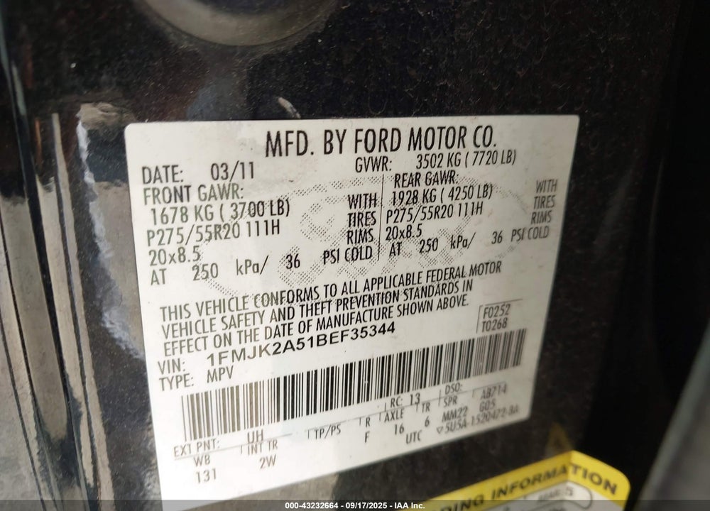 2011 FORD EXPEDITION VIN: 1FMJK2A51BEF35344