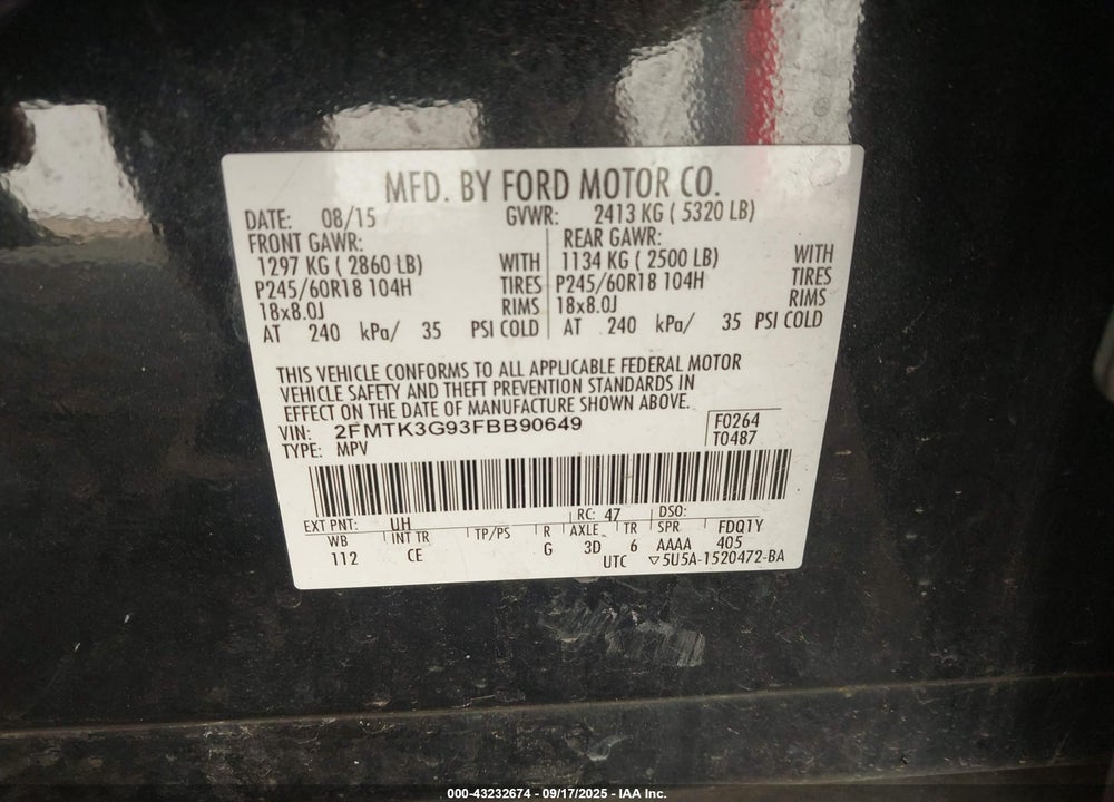 2015 FORD EDGE VIN: 2FMTK3G93FBB90649