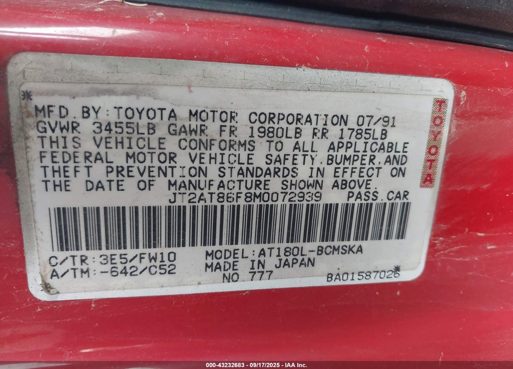 1991 TOYOTA CELICA ST VIN: JT2AT86F8M0072939