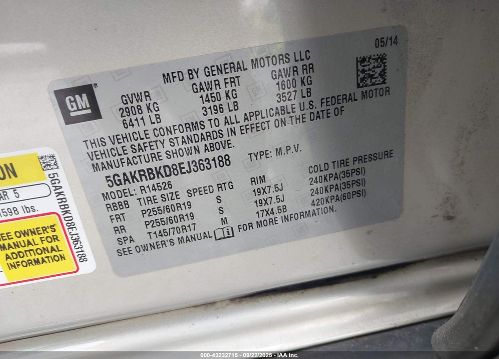 2014 BUICK ENCLAVE VIN: 5GAKRBKD8EJ363188