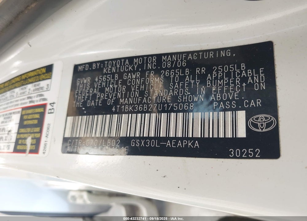 2007 TOYOTA AVALON LIMITED VIN: 4T1BK36B27U175068