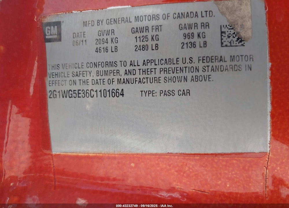 2012 CHEVROLET IMPALA VIN: 2G1WG5E36C1101664