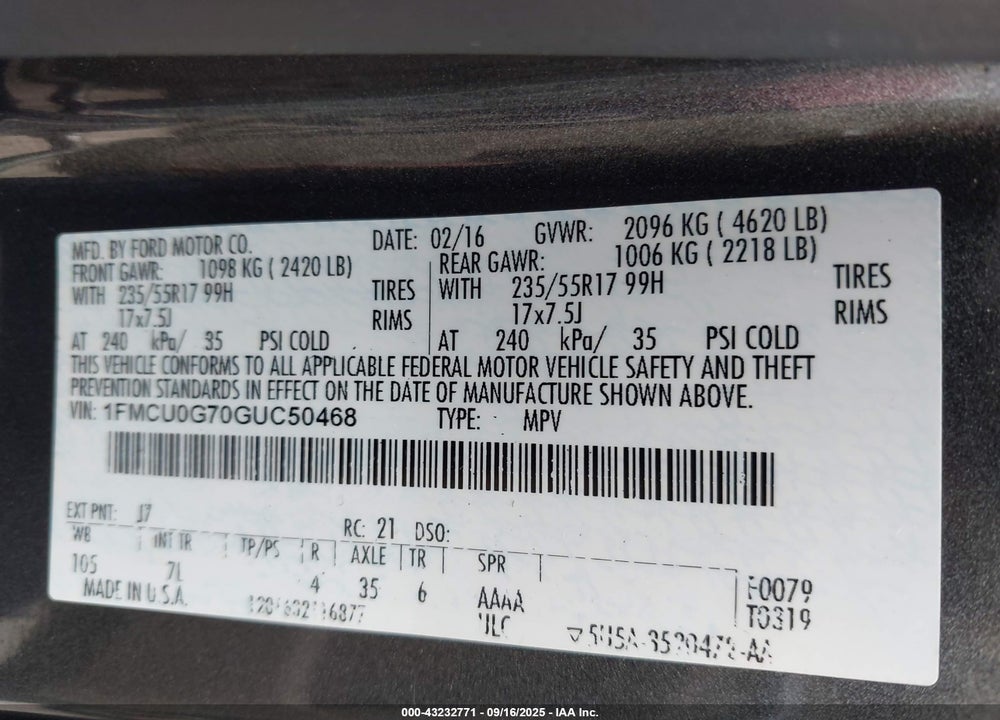 2016 FORD ESCAPE VIN: 1FMCU0G70GUC50468