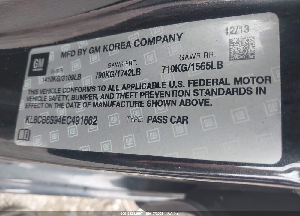 2014 CHEVROLET SPARK VIN: KL8CB6S94EC491662