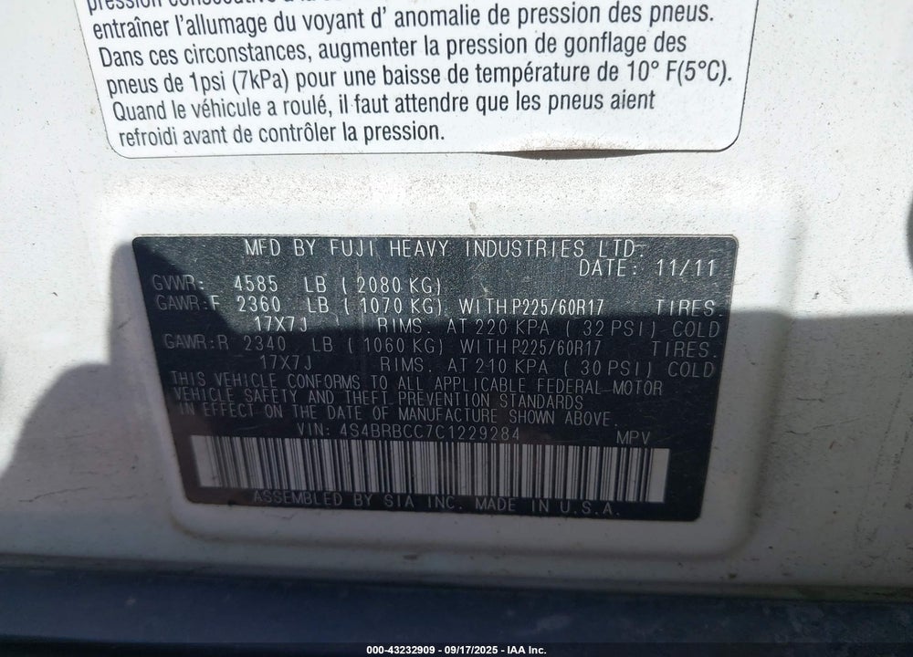 2012 SUBARU OUTBACK VIN: 4S4BRBCC7C1229284