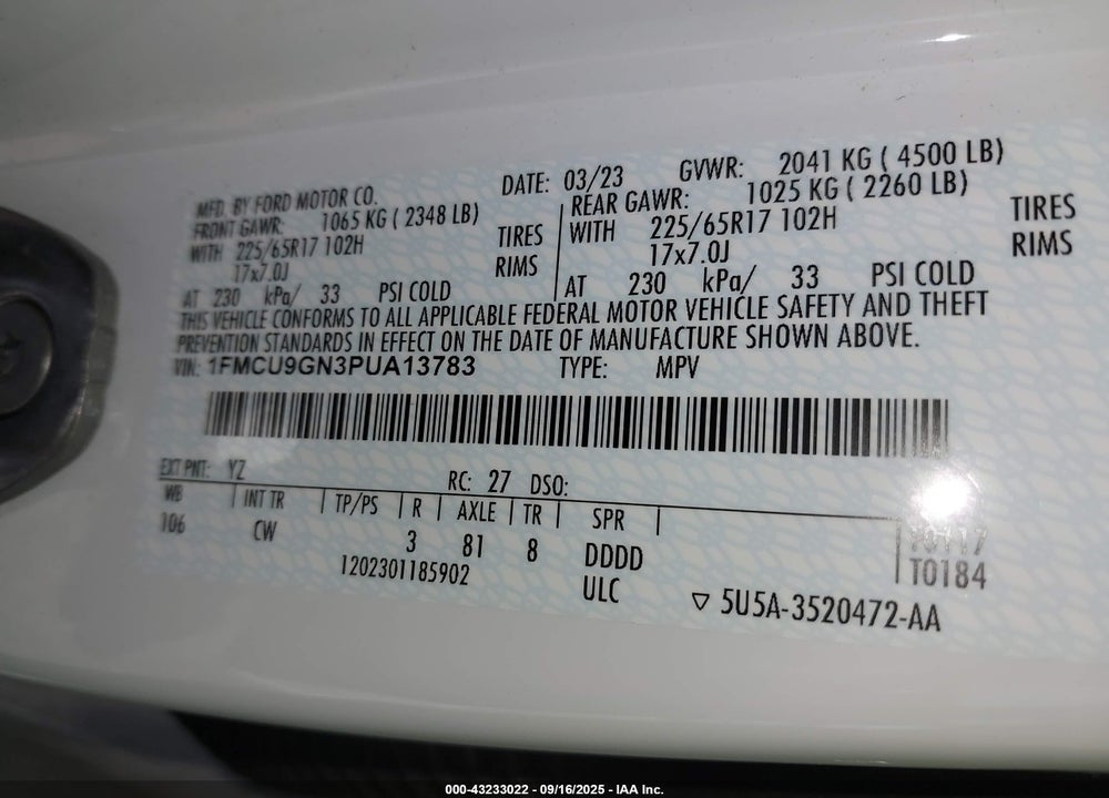 2023 FORD ESCAPE VIN: 1FMCU9GN3PUA13783