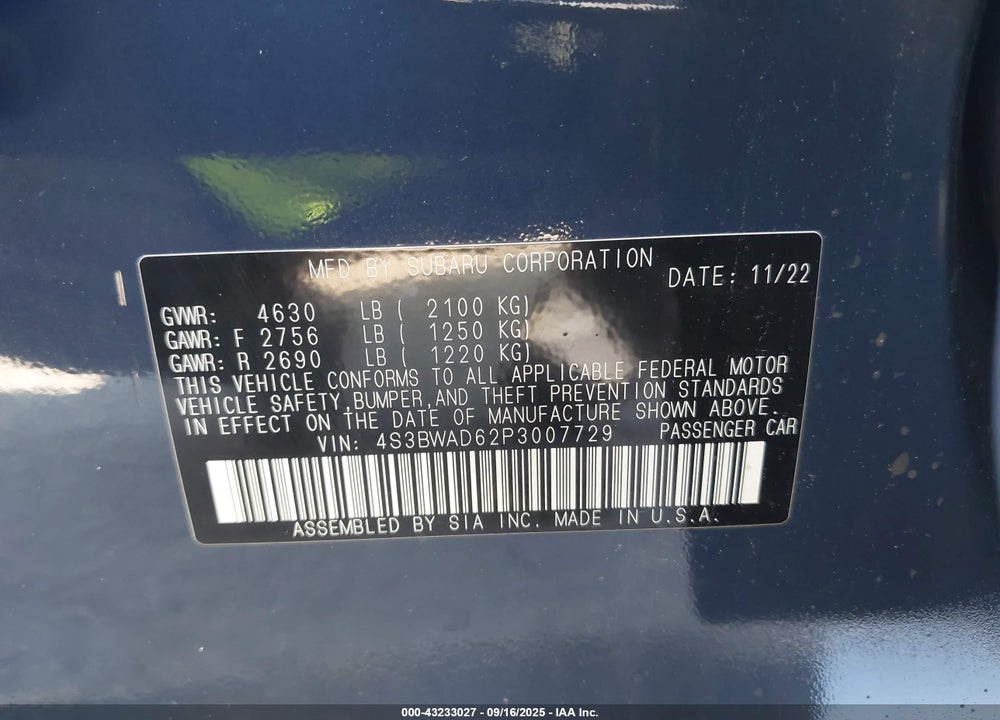 2023 SUBARU LEGACY VIN: 4S3BWAD62P3007729