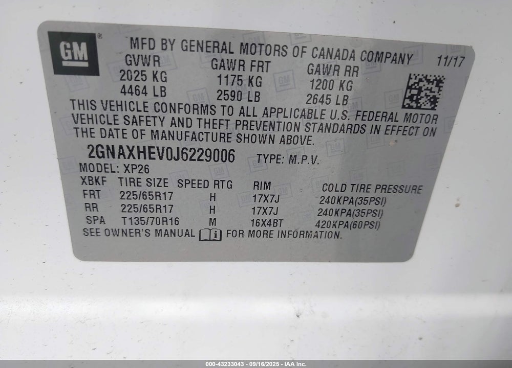 2018 CHEVROLET EQUINOX VIN: 2GNAXHEV0J6229006
