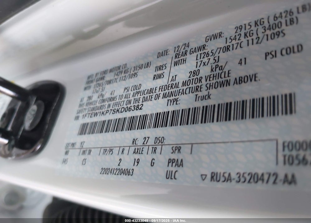 2025 FORD F-150 XL VIN: 1FTEW1KP7SKD06382
