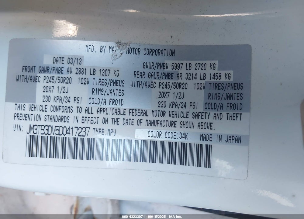 2013 MAZDA CX-9 VIN: JM3TB3DV5D0417237