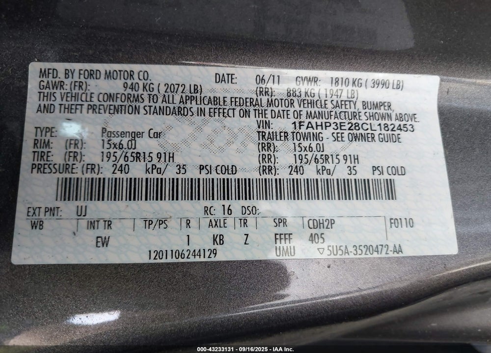 2012 FORD FOCUS S VIN: 1FAHP3E28CL182453
