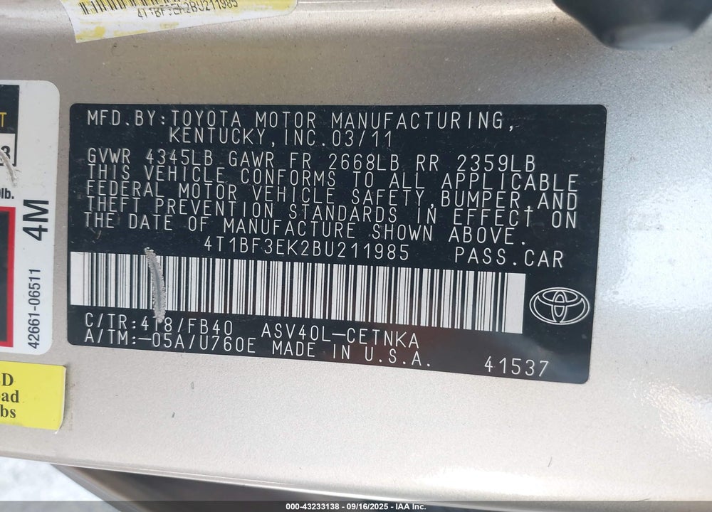 2011 TOYOTA CAMRY VIN: 4T1BF3EK2BU211985