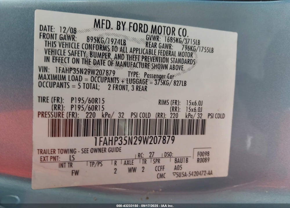 2009 FORD FOCUS VIN: 1FAHP35N29W207879