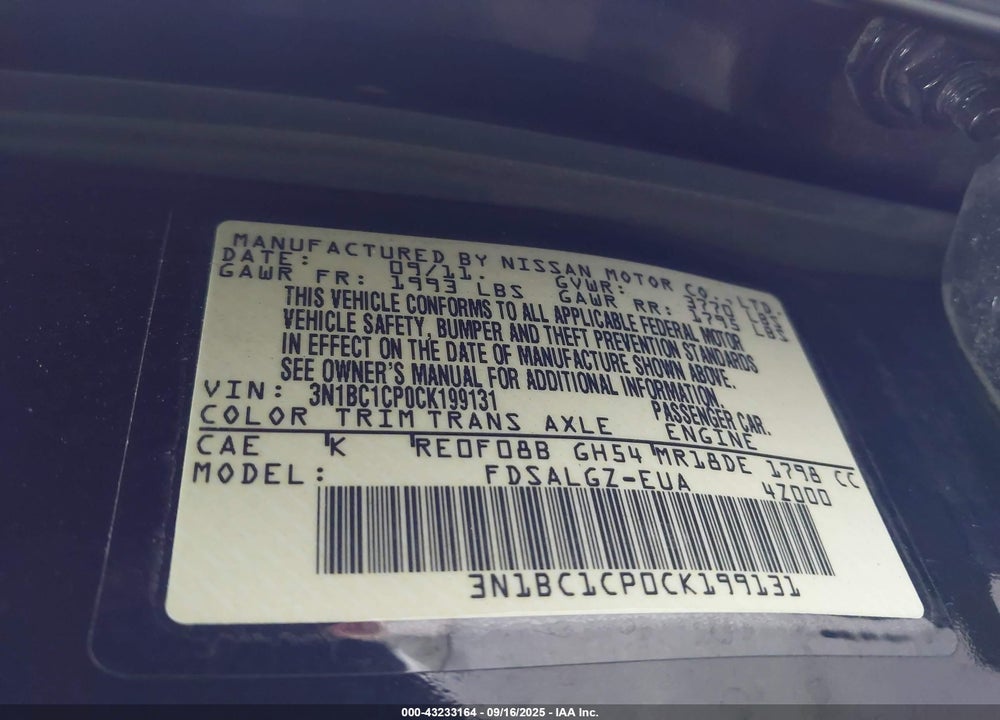2012 NISSAN VERSA VIN: 3N1BC1CP0CK199131