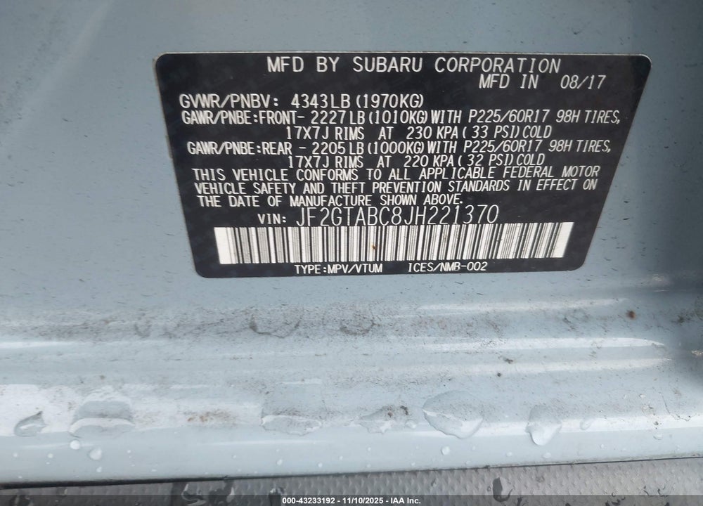 2018 SUBARU CROSSTREK 2.0I PREMIUM VIN: JF2GTABC8JH221370