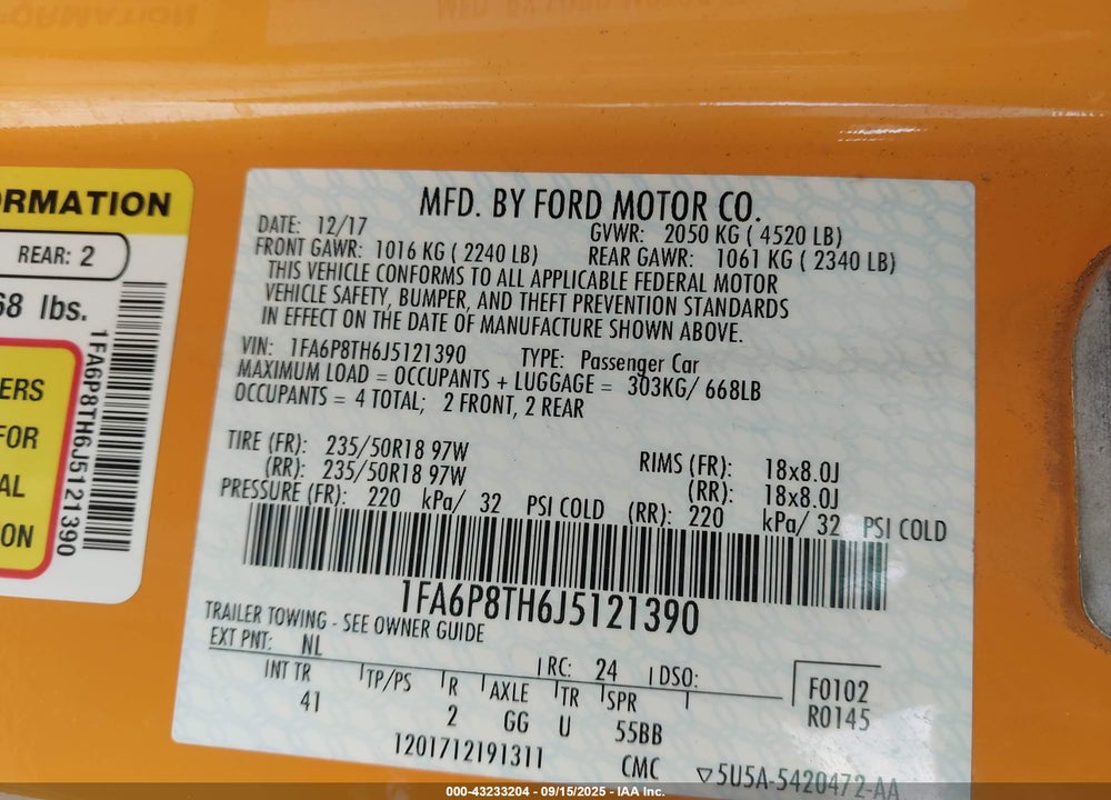2018 FORD MUSTANG VIN: 1FA6P8TH6J5121390