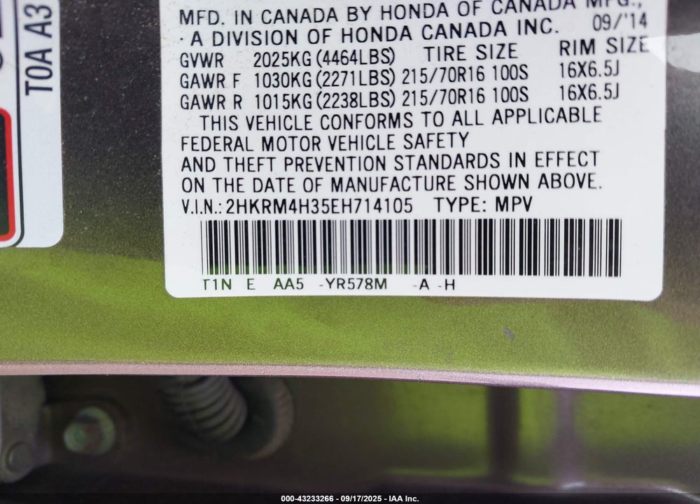 2014 HONDA CR-V VIN: 2HKRM4H35EH714105